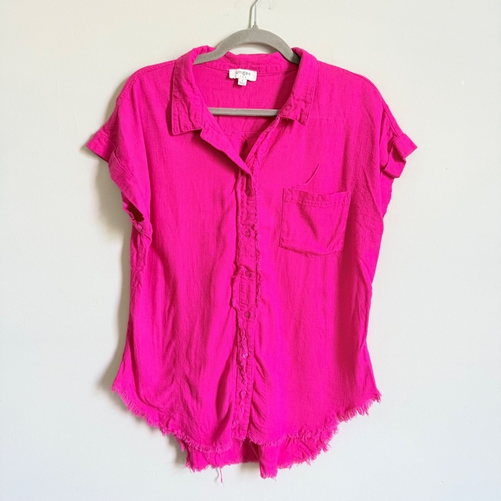 Umgee USA Hot Pink Linen Blend Frayed Hem Button Up Shirt Small A6208